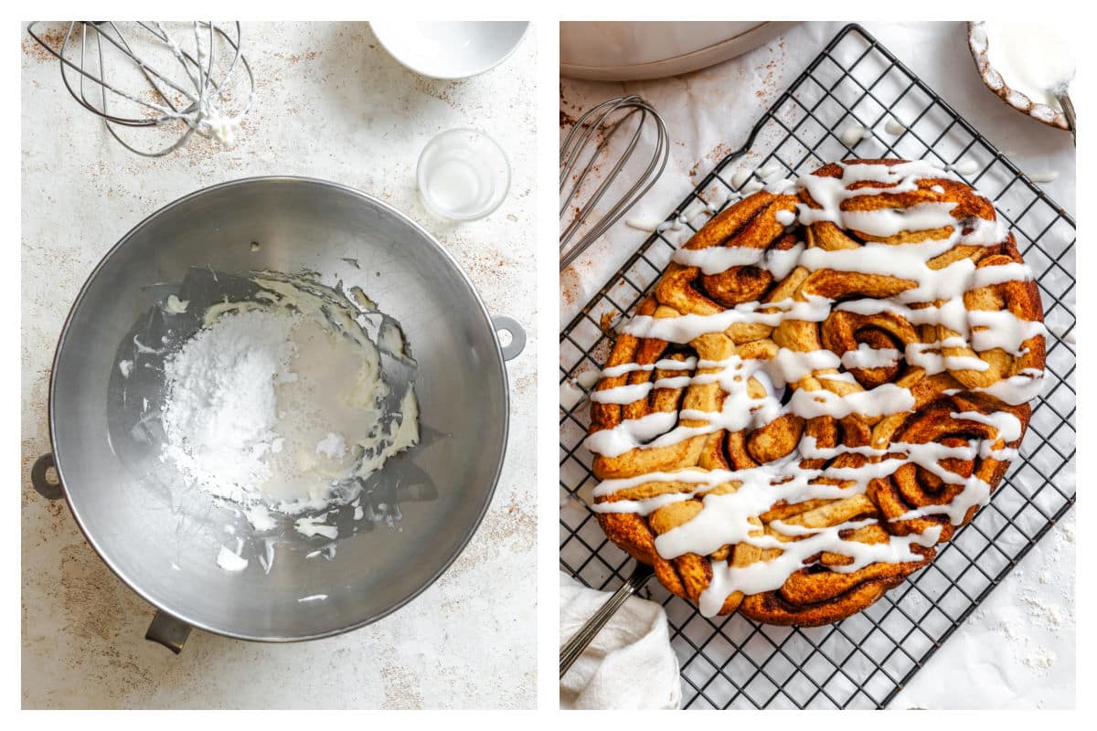 powdered sugar and milk on butter cream cheese mixture next to iced slow cooker cinnamon rolls.