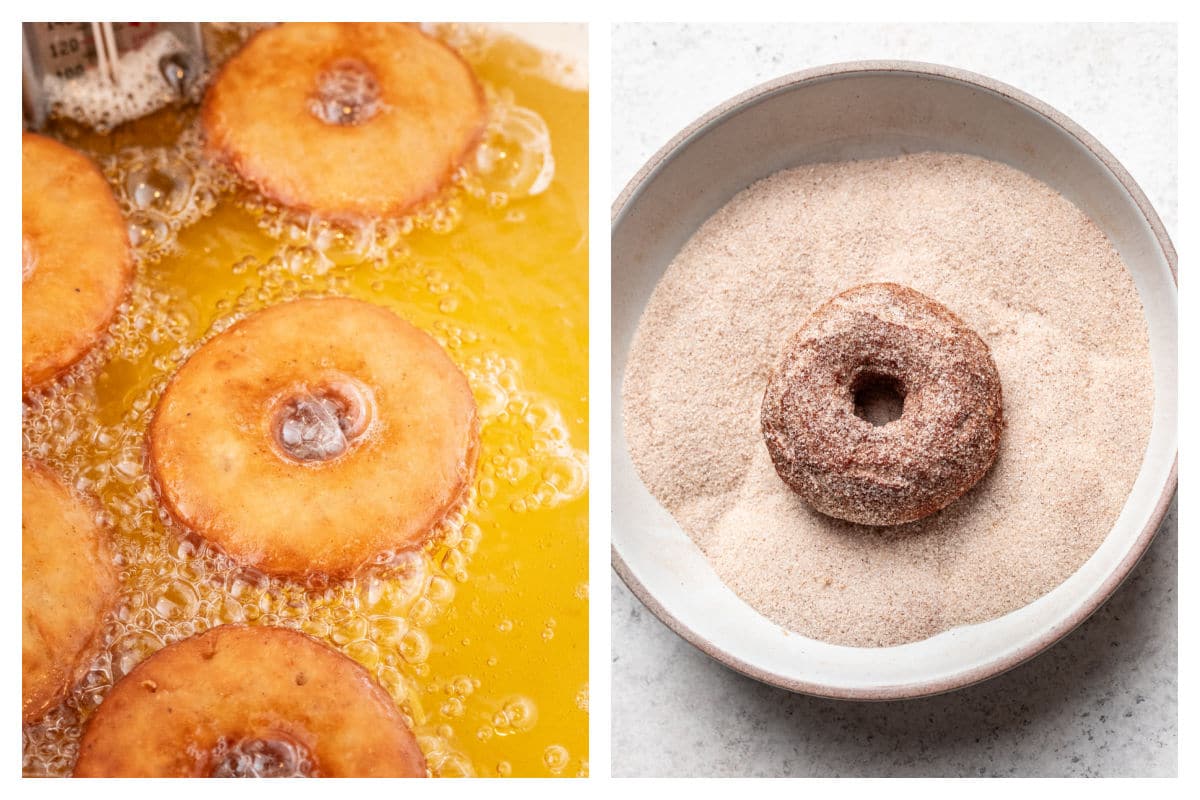Donuts frying in oil next to apple cider donut in a dish of cinnamon sugar. 