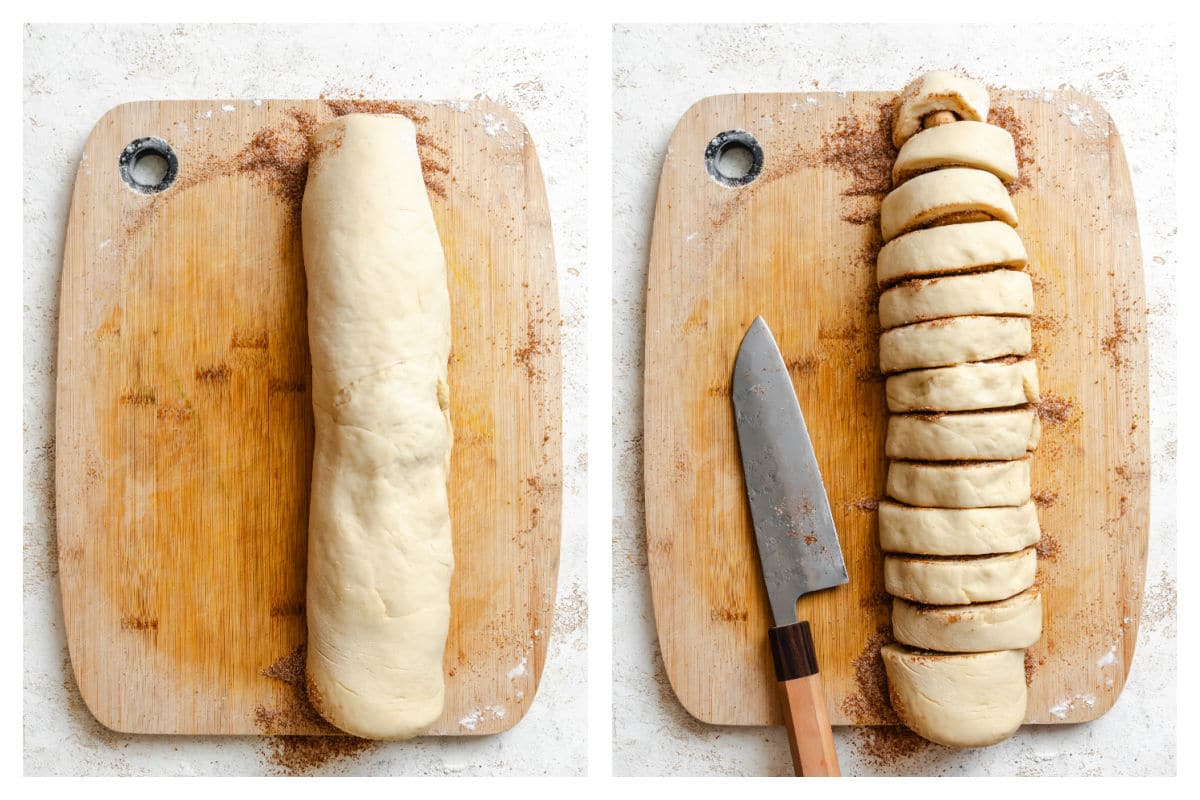 rolled up cinnamon roll dough next to sliced cinnamon roll dough.