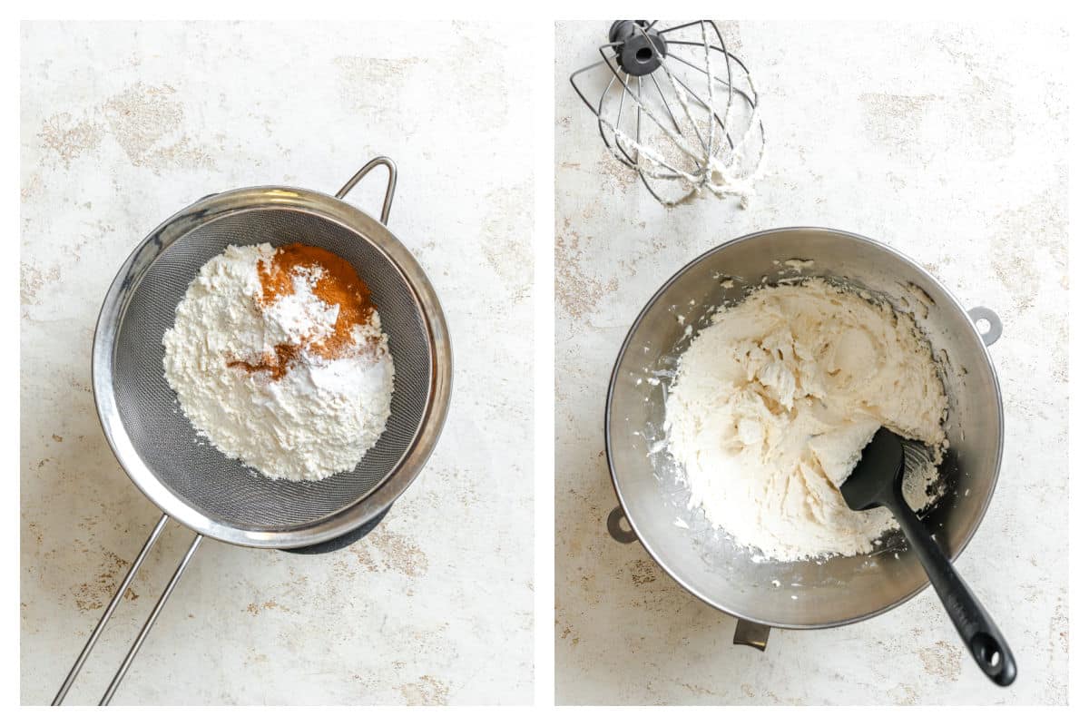 Sifted dry ingredients in a sifter next to creamed butter and sugar. 