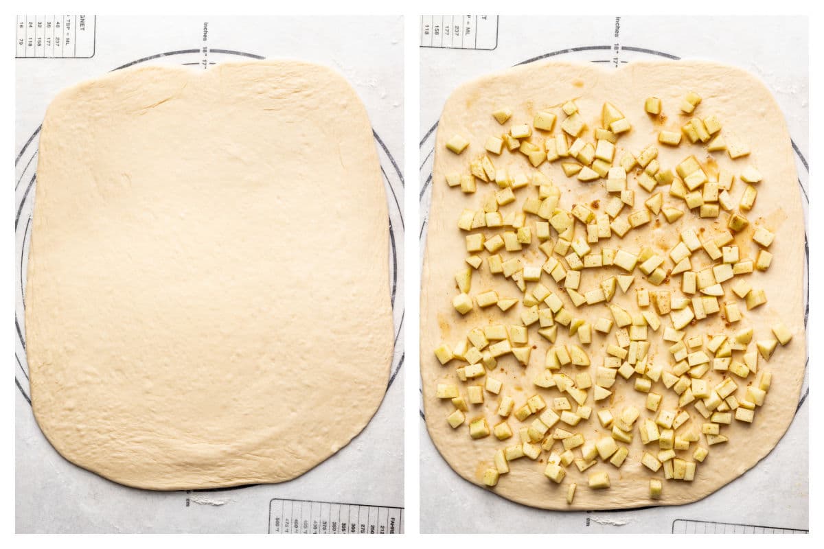 Bread dough rolled out into a rectangle next to apple filling on rolled out bread dough. 
