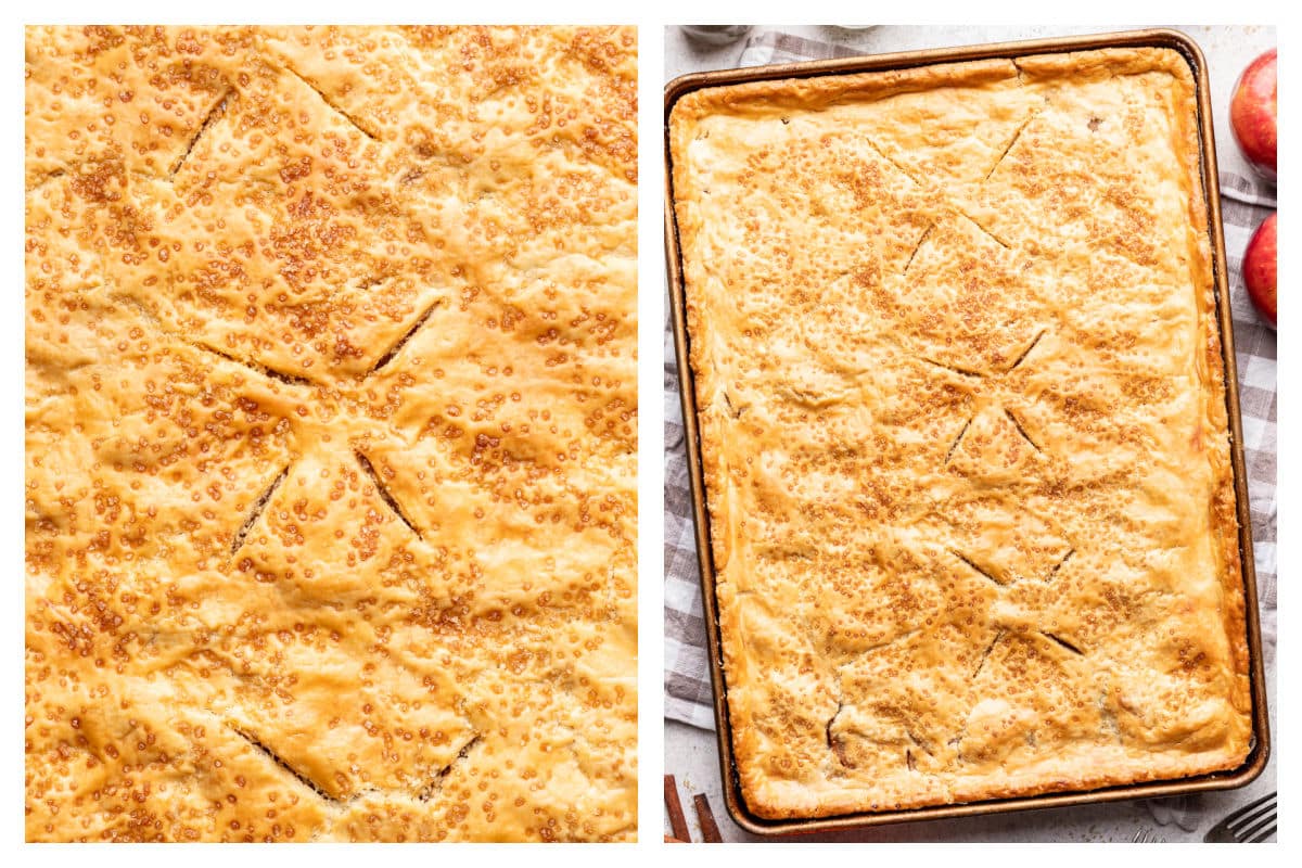 slits cut in apple slab pie next to a baked apple slab pie in the pan. 