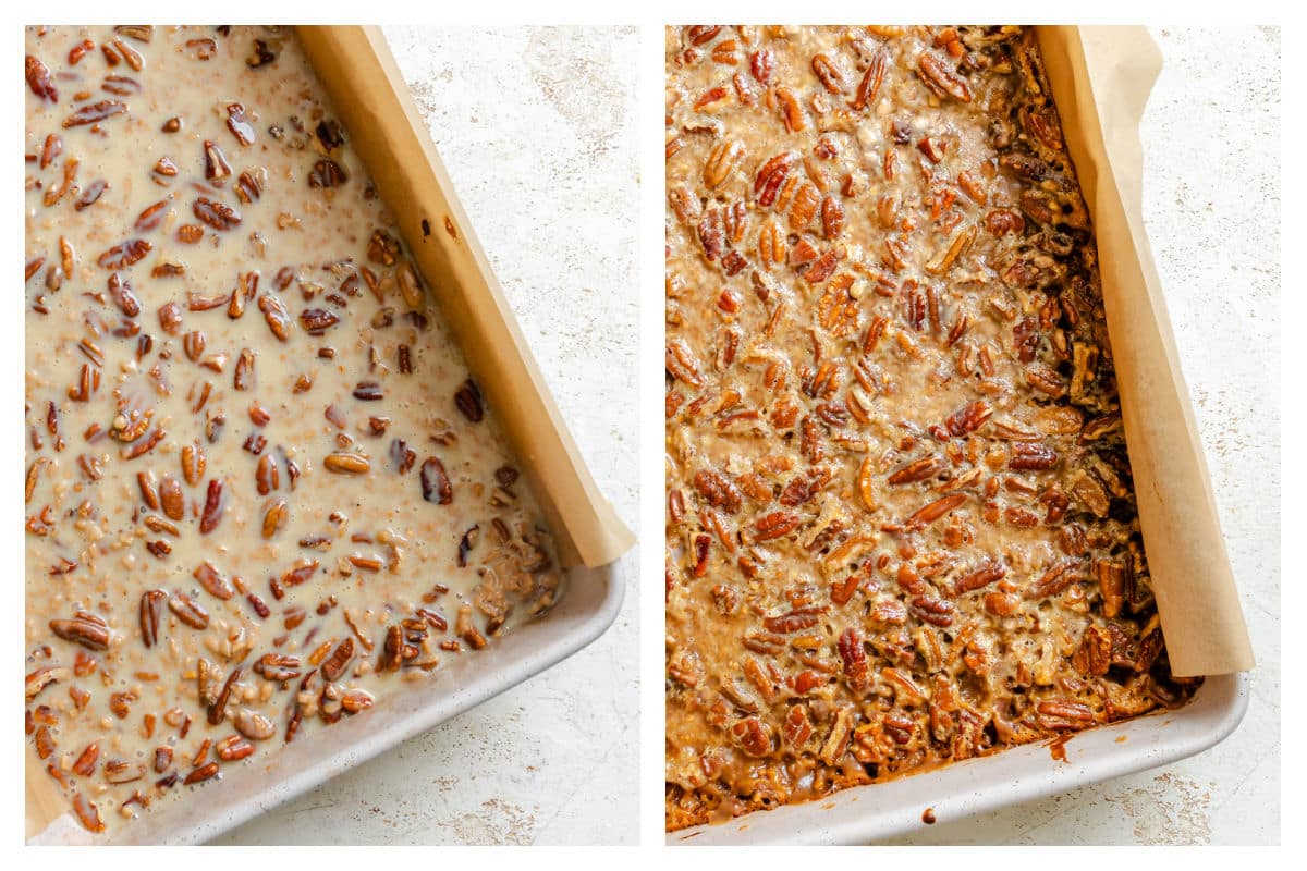 Unbaked toffee pecan pie bars next to the baked bars. 