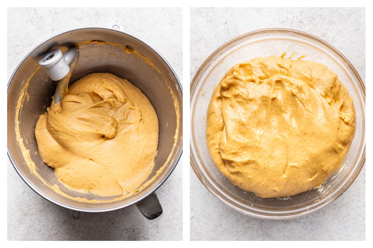 Kneaded pumpkin cinnamon roll dough in a mixing bowl next to dough in a glass mixing bowl.