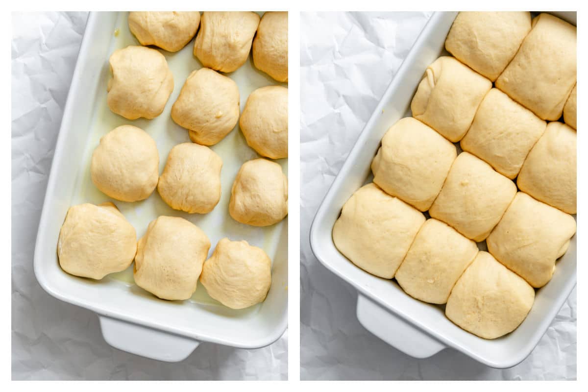Unrisen roll dough in a pan next to risen roll dough in a pan.