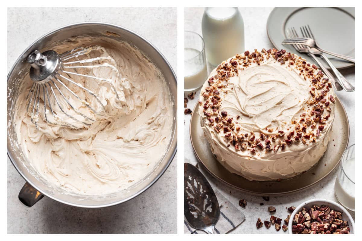 Brown sugar cream cheese frosting in a bowl next to a frosted sweet potato cake. 