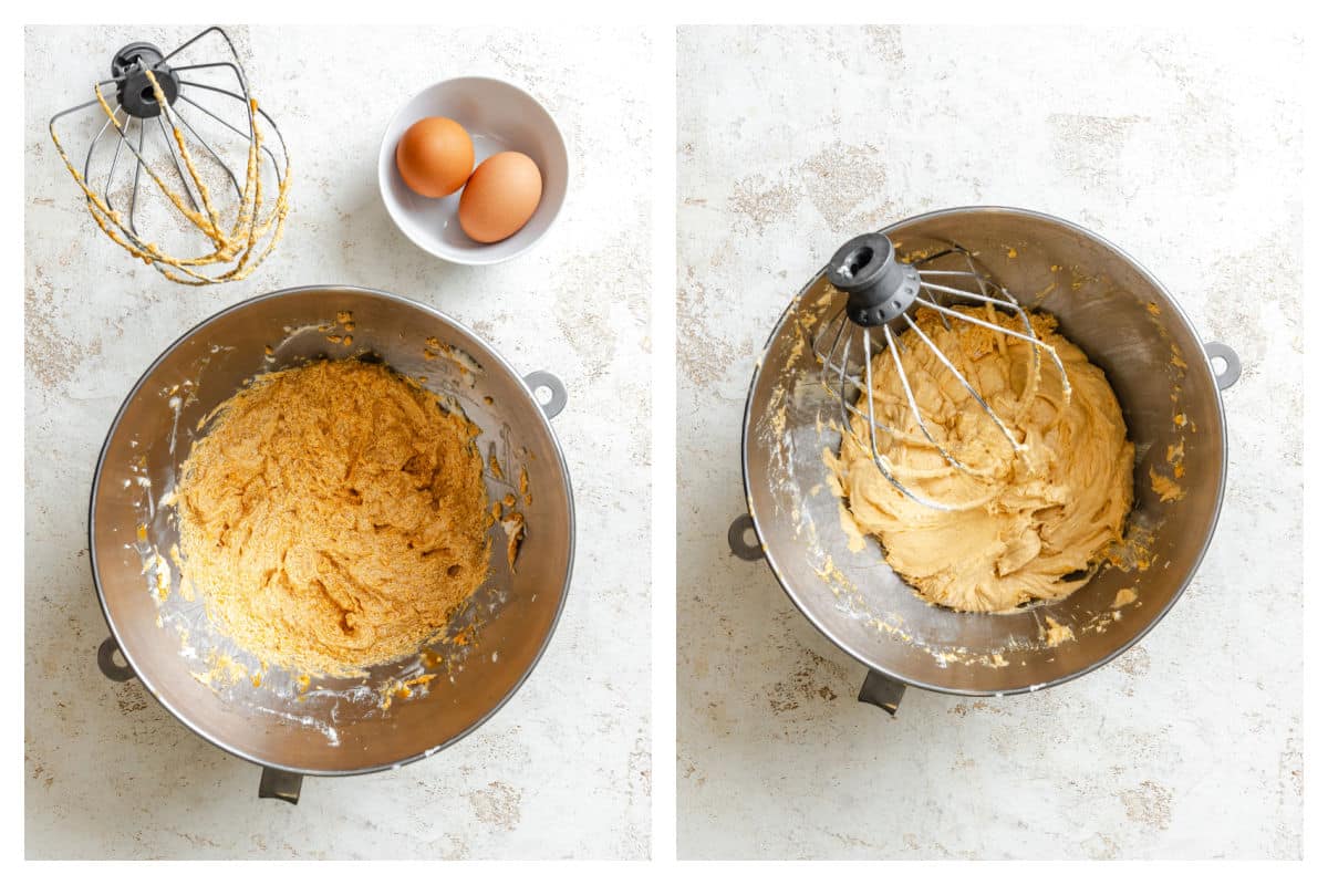 Sweet potatoes and eggs beaten into creamed butter mixture. 