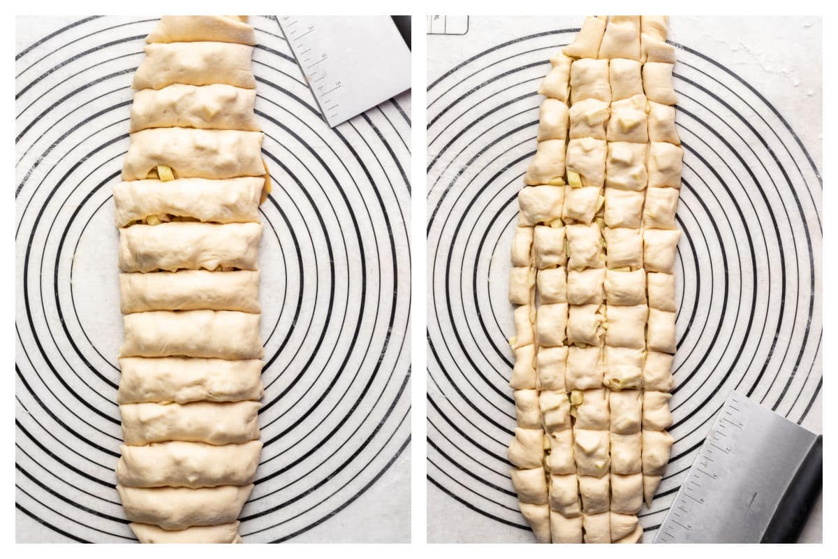 Rolled up apple cinnamon bread dough cut into pieces next to the dough cut into cubes. 