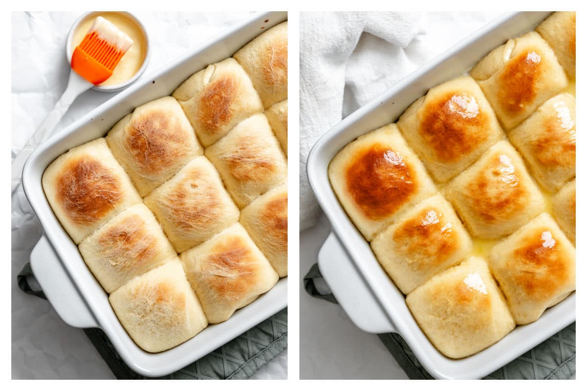 Baked 1 hour Hawaiian rolls in a pan next to butter brushed onto rolls.