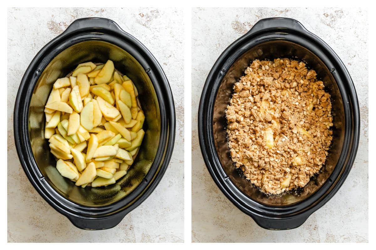 Apple filling in a slow cooker next to topping on the apples.