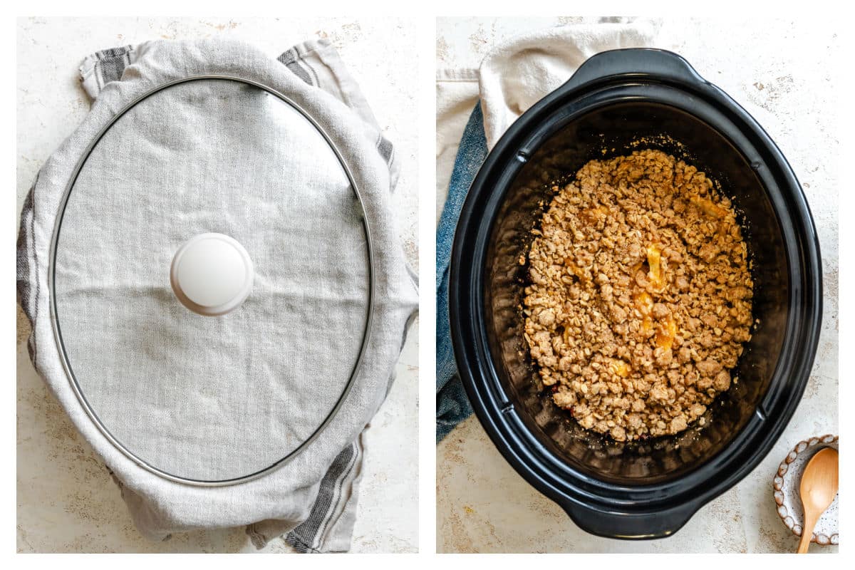 A thin cotton towel over a slow cooker next to a cooked crock pot apple crisp.