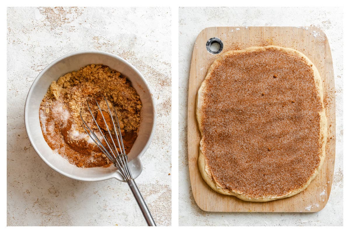 Cinnamon sugars in bowl next to cinnamon sugar sprinkled over rolled out dough.