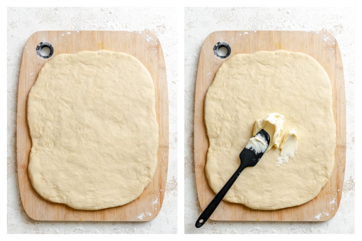 Cinnamon roll dough rolled out next to butter brushing onto rolled out dough.
