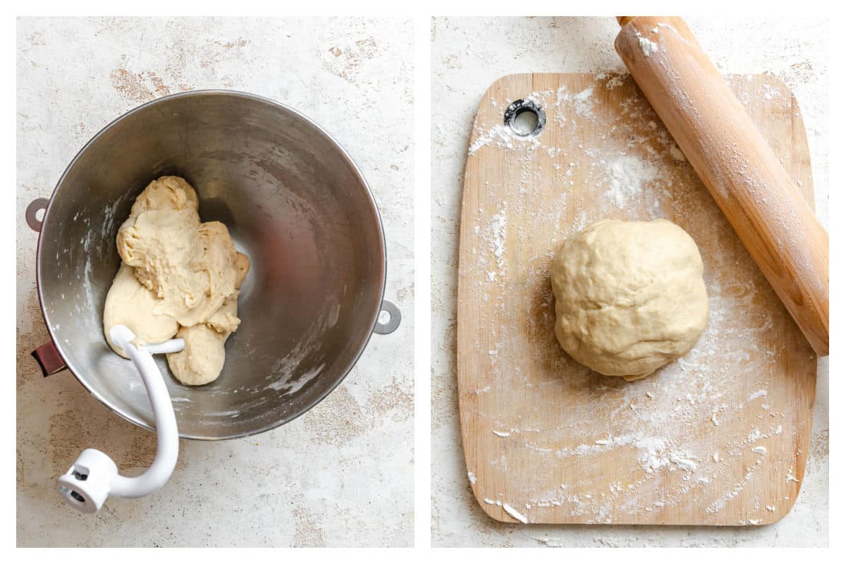 Kneaded cinnamon roll dough in a bowl next to the dough on a floured surface.
