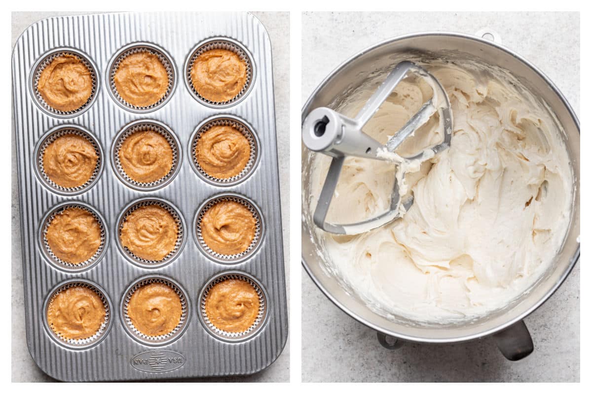 Pumpkin cupcake batter in a muffin tin next to cream cheese frosting in a mixing bowl.