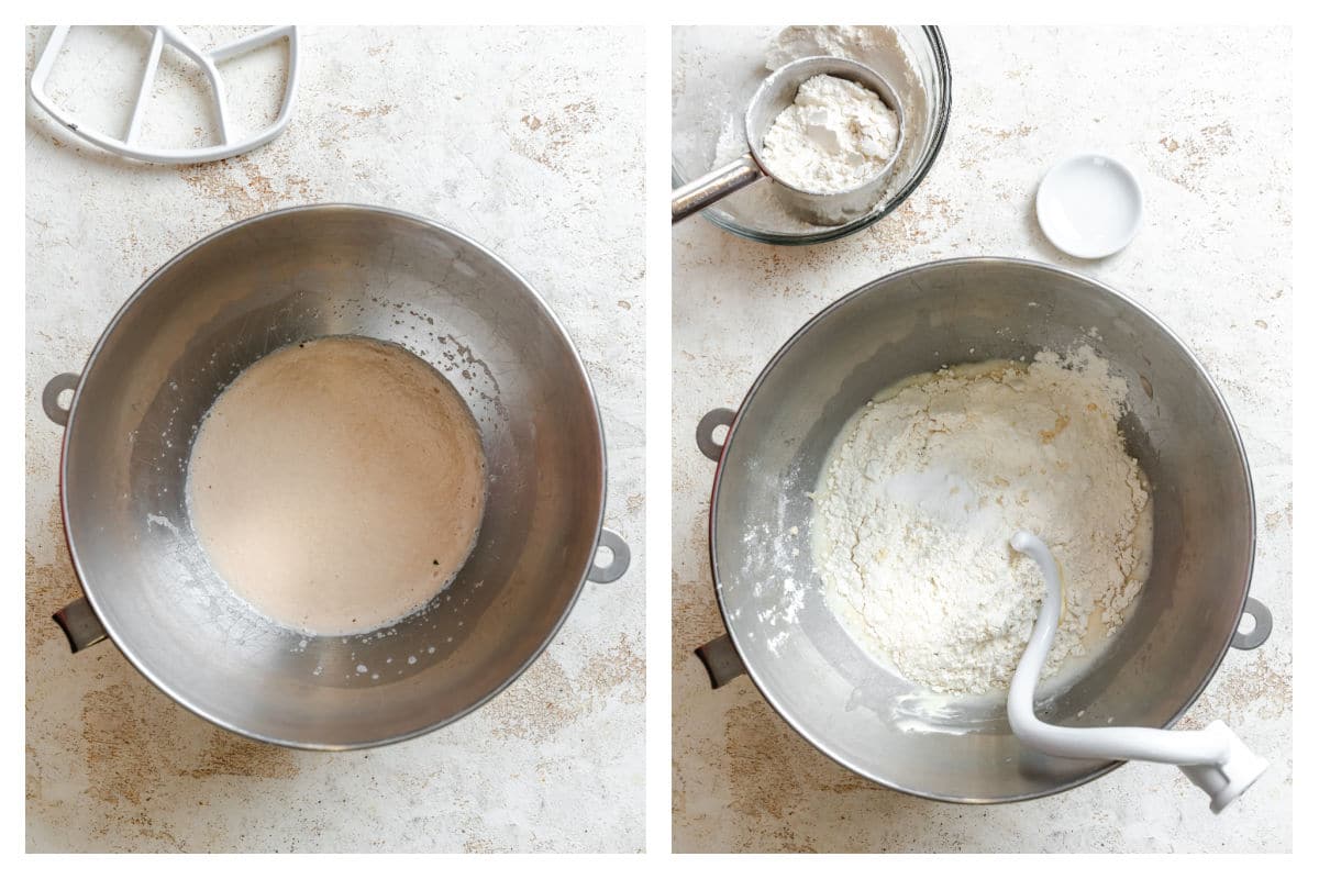 Yeast proofing in a mixing bowl next to flour and butter stirred in.