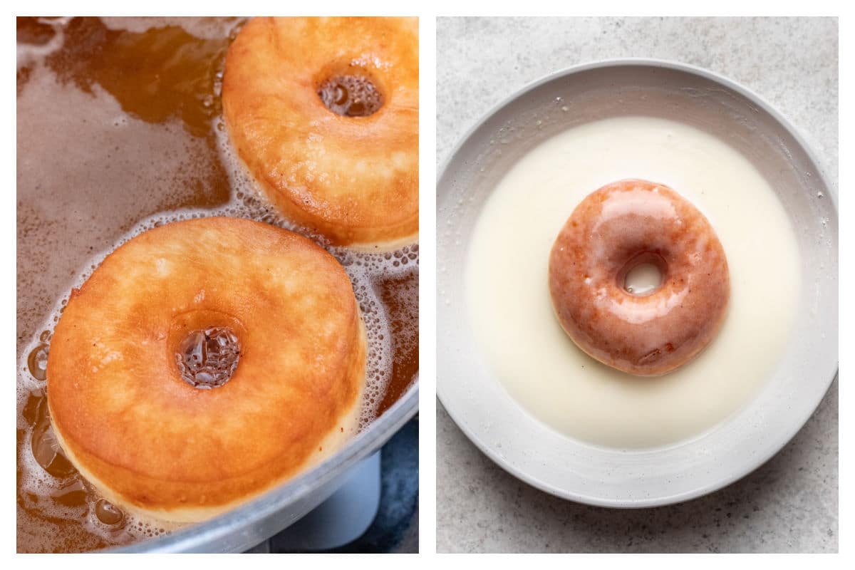 Des donuts en train de frémir dans l'huile à côté d'un donut à la levure glacé.