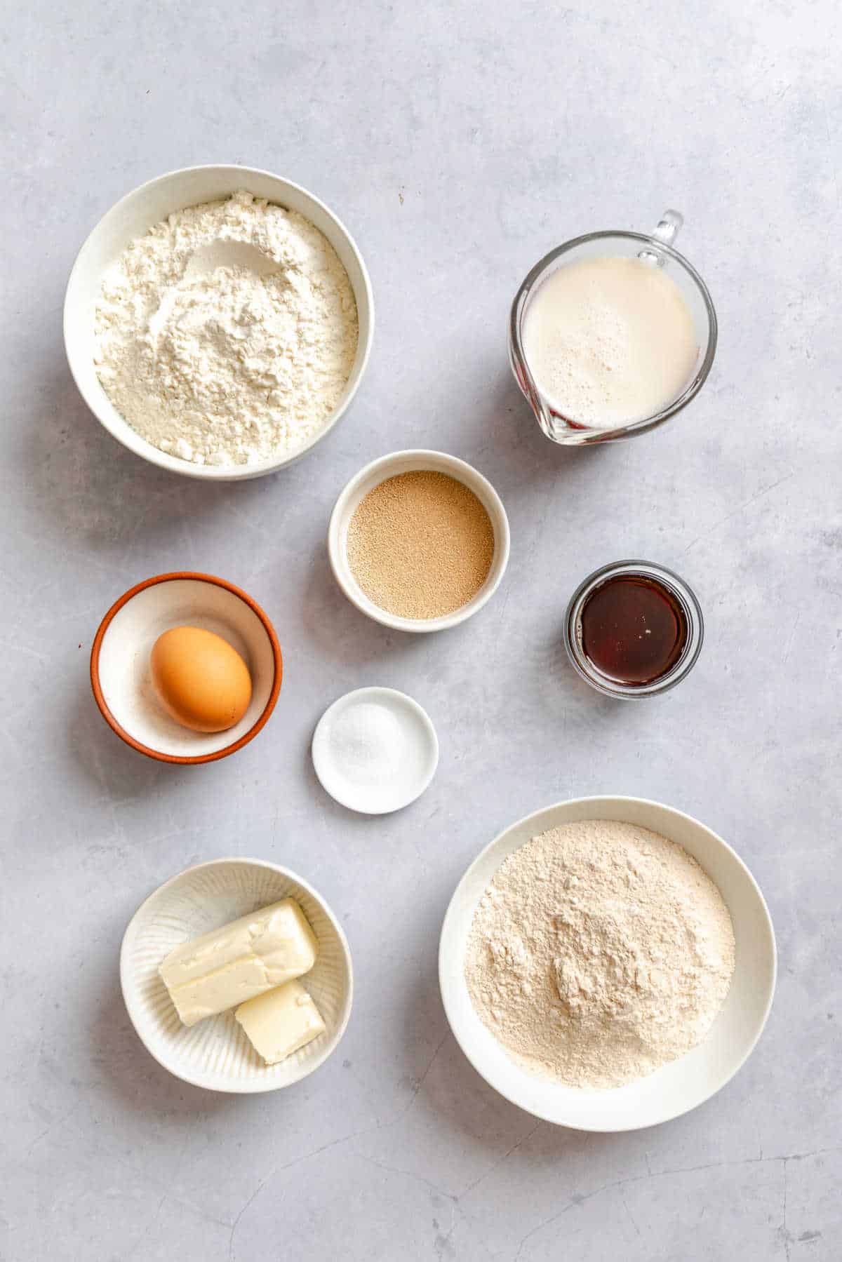 Ingredients for 30 minute honey wheat rolls in dishes. 