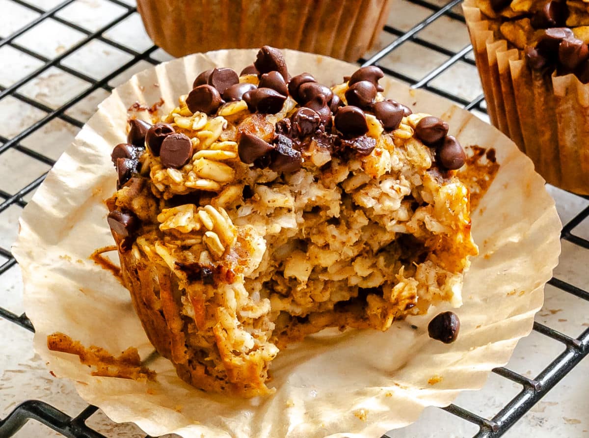 A baked pumpkin oatmeal with a bite missing.