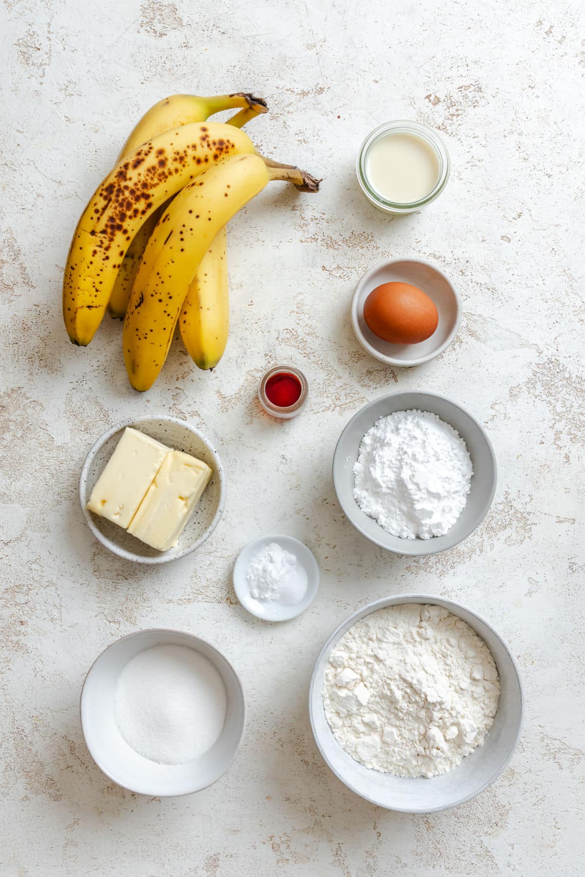 Ingredients for brown butter glazed banana bread in dishes. 