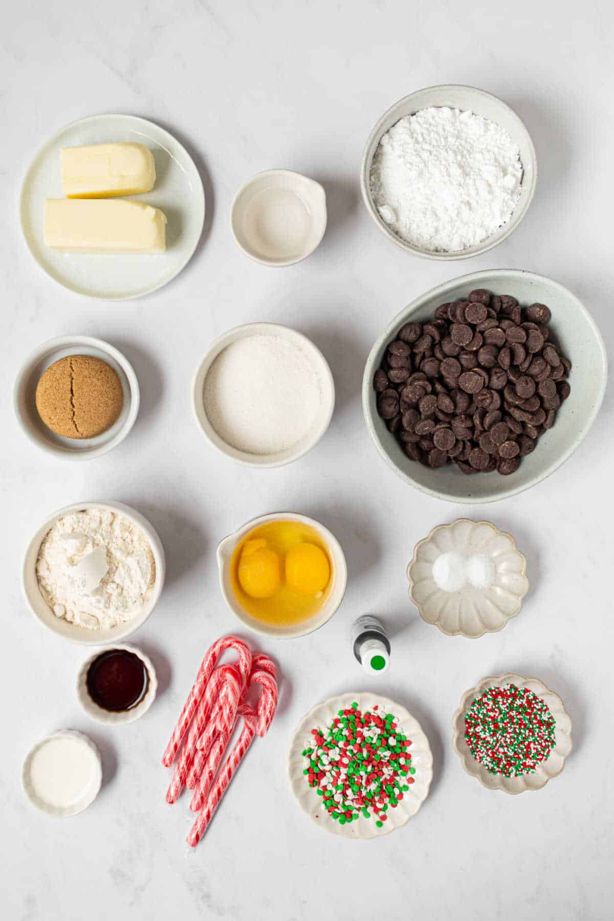Ingredients for Christmas tree brownies in dishes.