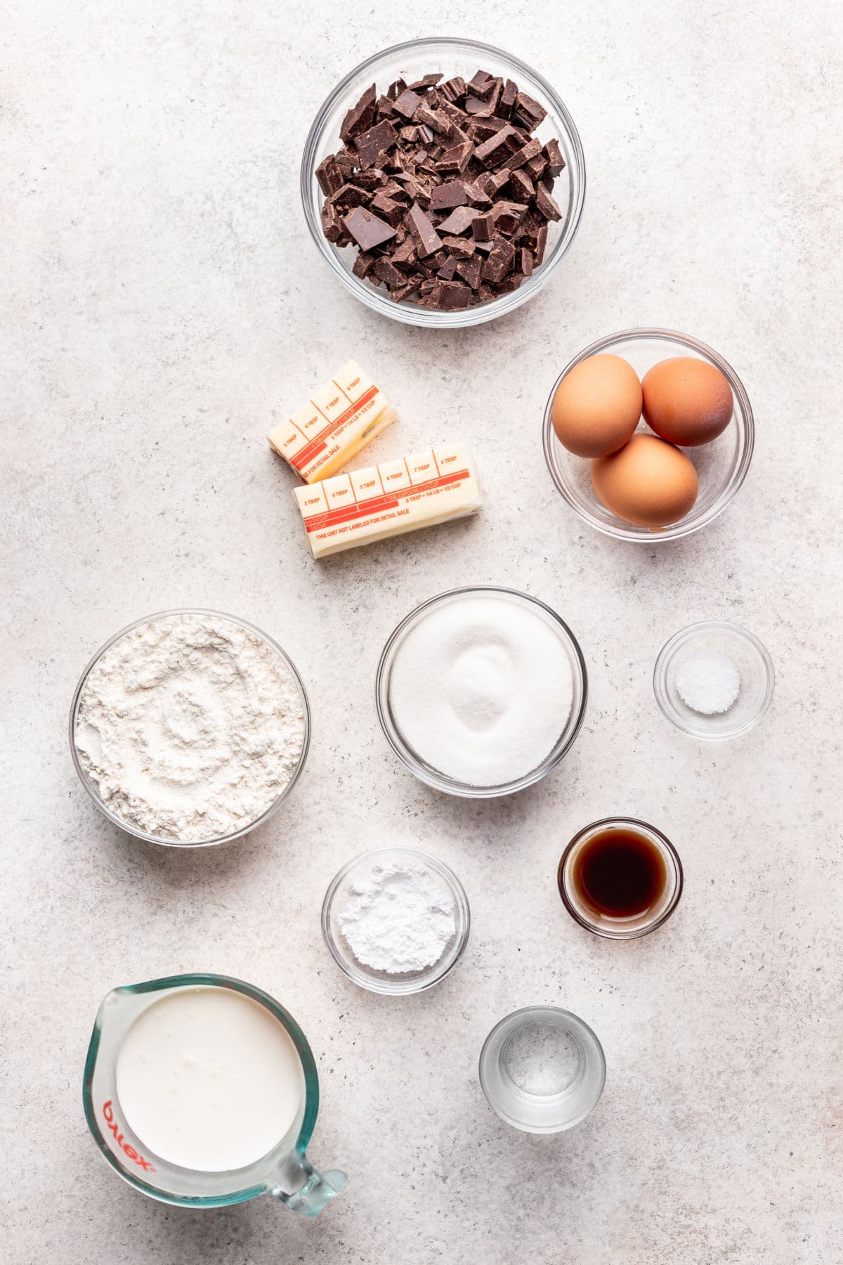 Ingredients for French silk pie in dishes. 