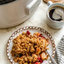 A plate of cranberry apple crisp next to the slow cooker.