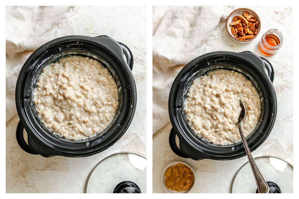 Cooked oatmeal in a slow cooker next to toppings next to the oatmeal. 