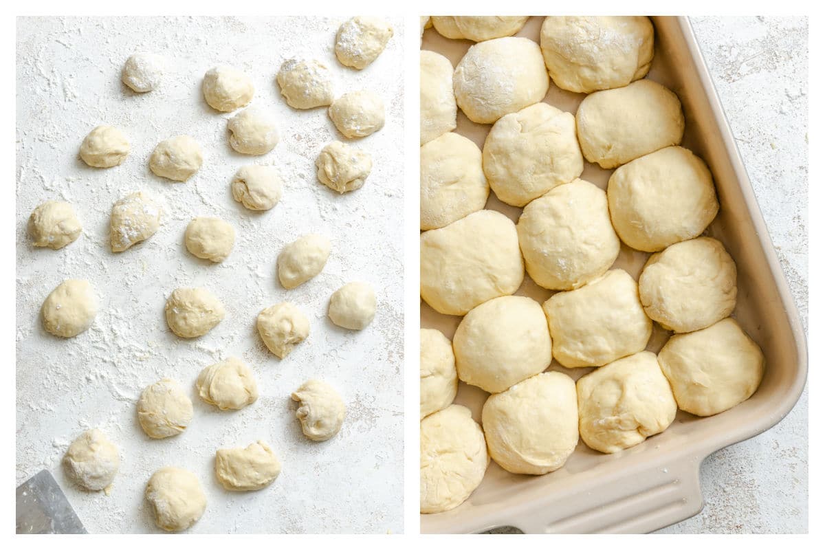 Dough divided for rolls next to dough in a baking pan.