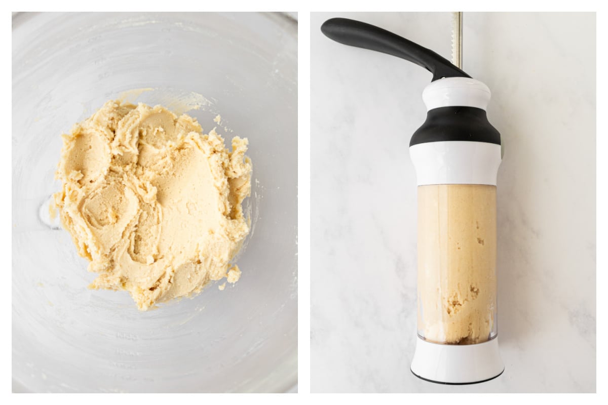 spritz cookie dough next to the dough in a cookie press.