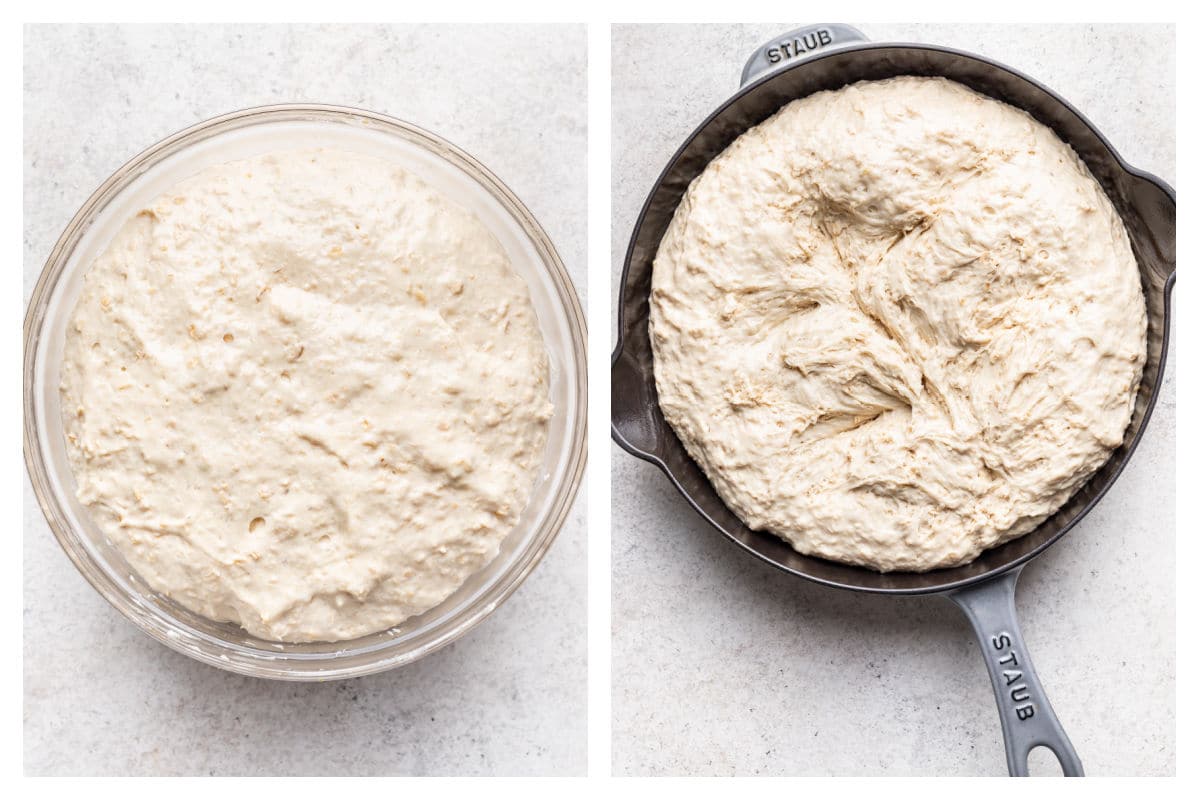 Risen maple oat skillet bread dough in a bowl next to the dough in a cast iron skillet.
