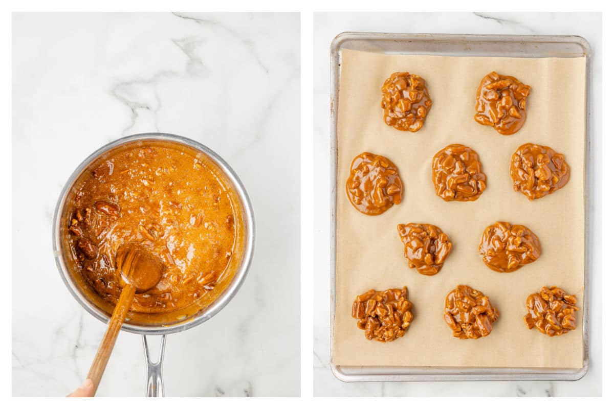 Pecans stirred into butter sugar mixture next to pralines on a piece of parchment paper. 