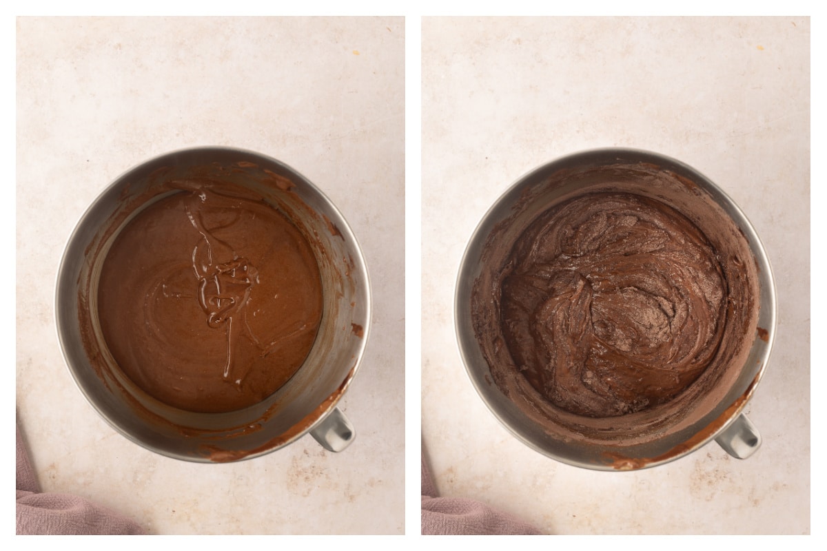 Chocolate mixture mixed into egg mixture next to brownie batter in a bowl.
