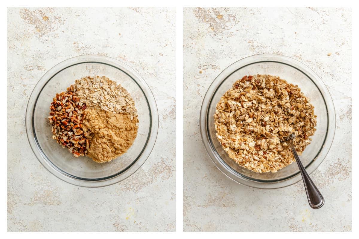 Sugar oats and pecans in a bowl next to butter cut in.