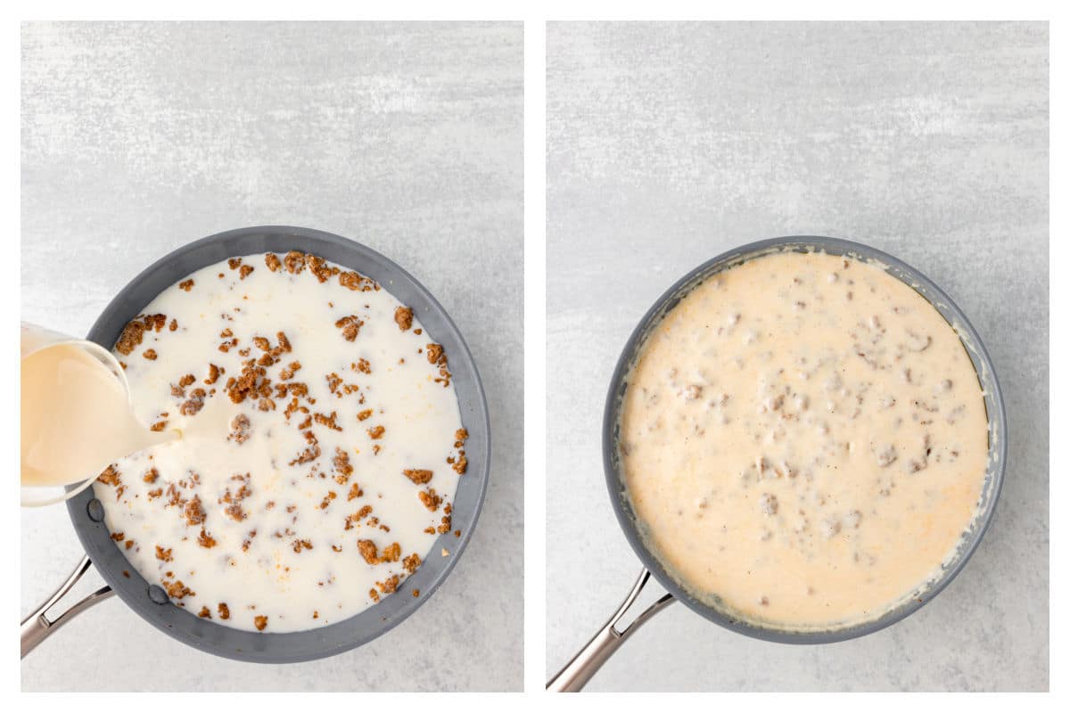 Milk pouring into a skillet of browned sausage next to cooked and thickened gravy in a skillet.