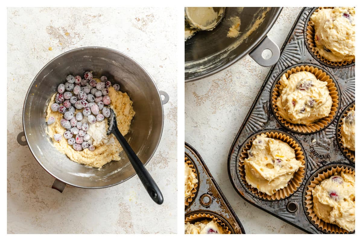 Cranberries on muffin batter next to batter in a muffin tin. 