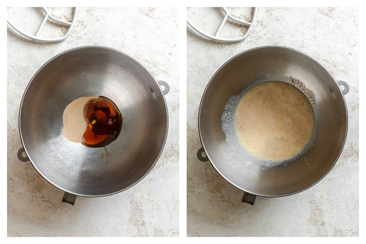 Yeast and honey in a bowl next to yeast proofing.