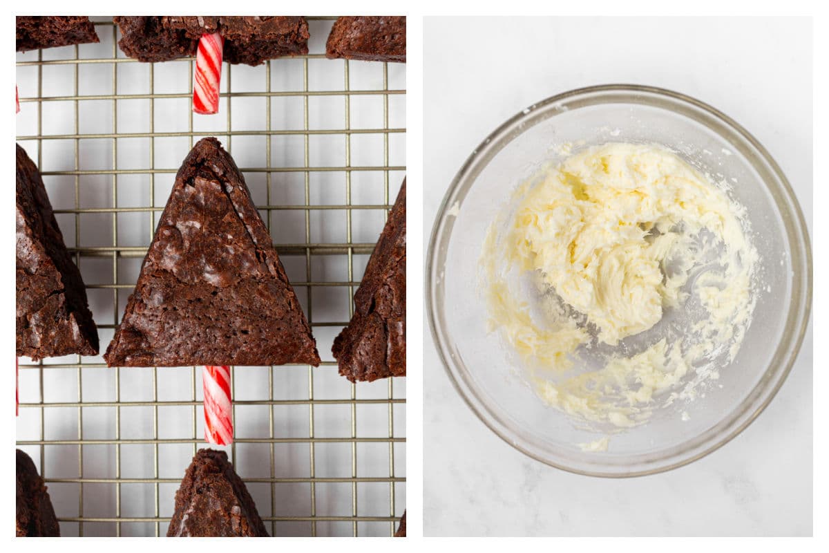 Candy cand stuck in the bottom of a brownie triangle next to beaten butter.