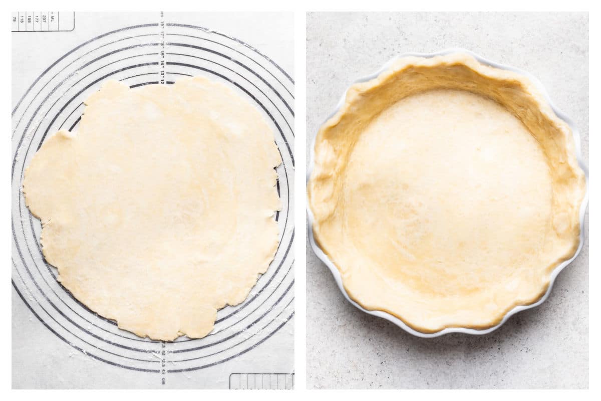 Rolled out pie dough next to pie dough in the pie pan.