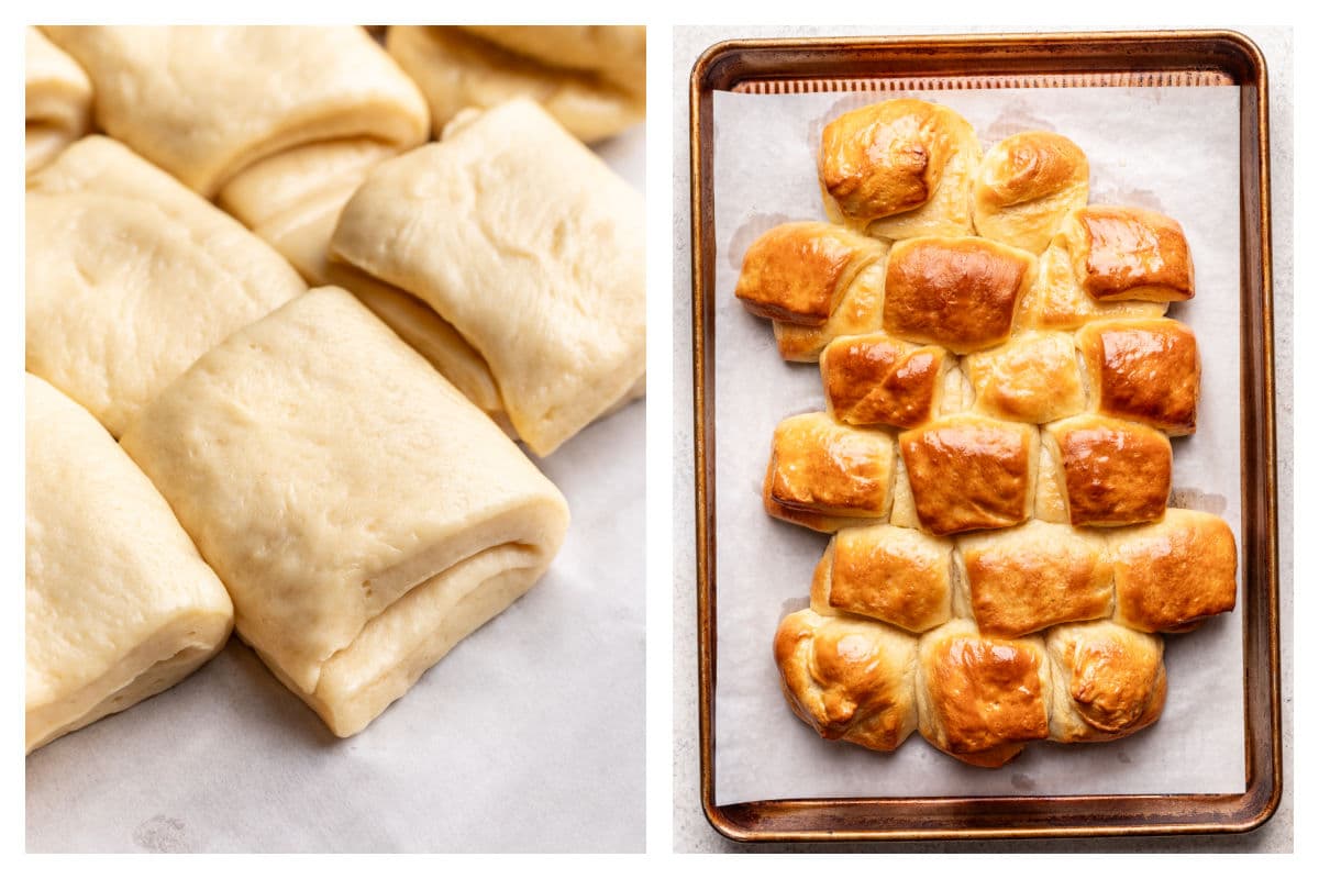 Parker House rolls on a tray next to baked rolls on a tray.