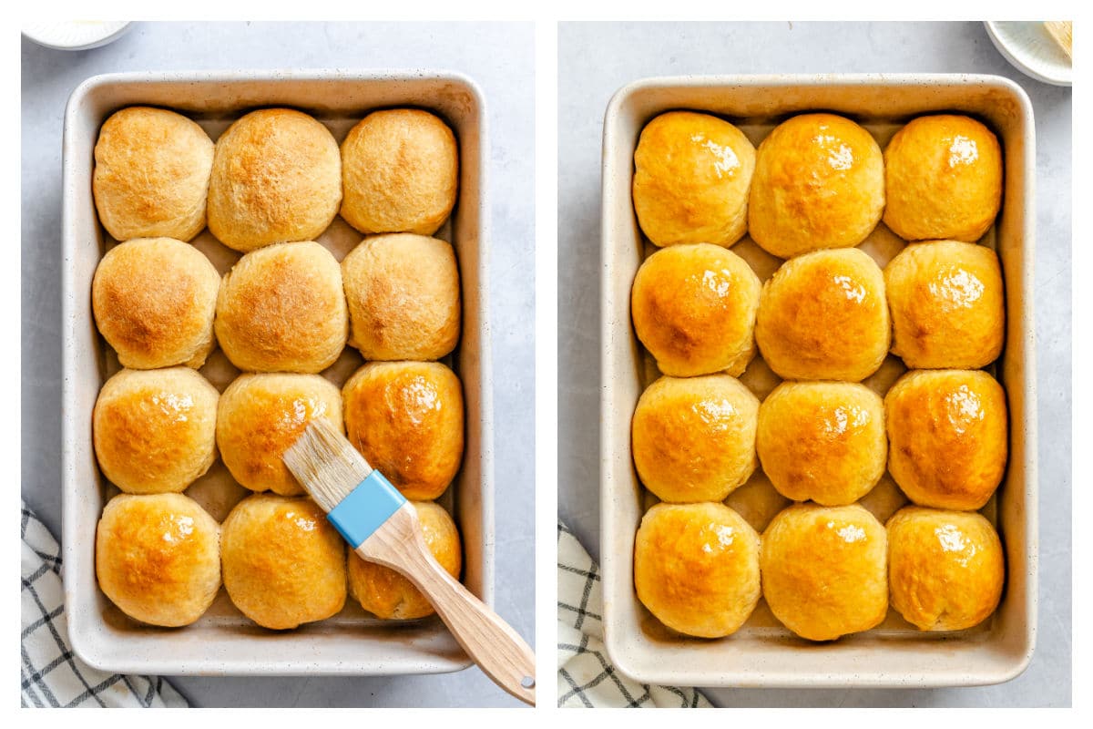 Baked rolls brushed with melted butter in a pan.