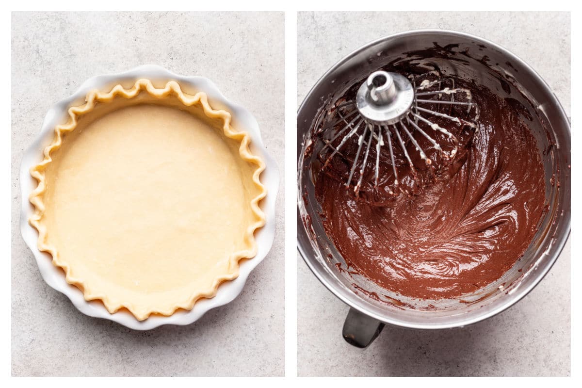 Unbaked crust in a pie pan next to chocolate and butter mixture in a bowl. 
