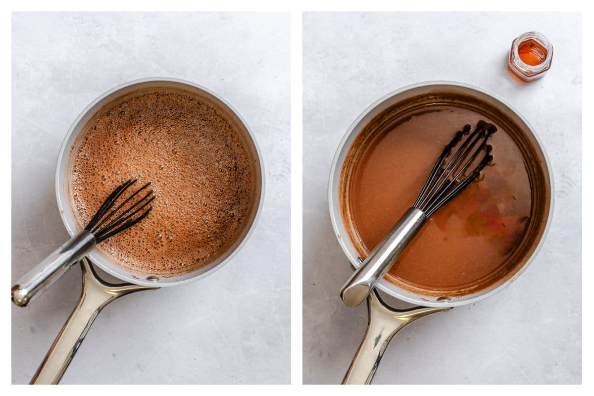 Whisked gingerbread hot chocolate in a saucepan.