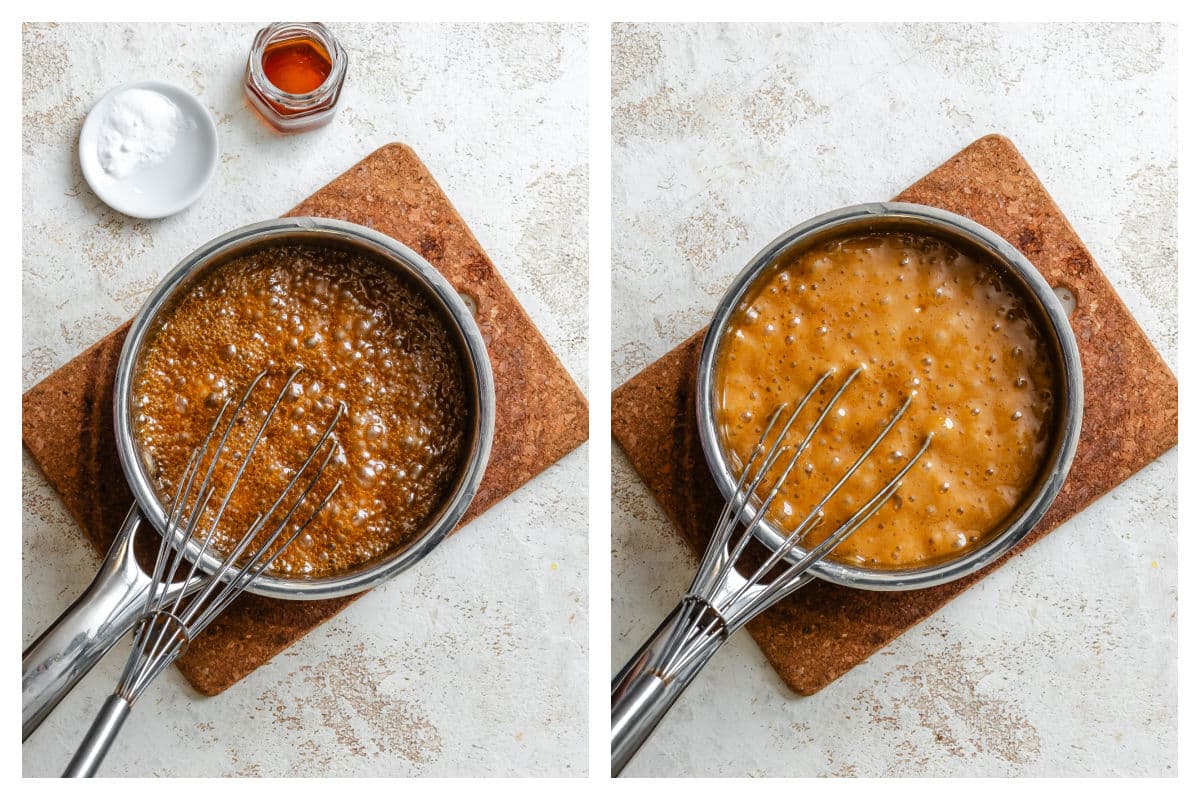 Toffee cooking in a saucepan next to toffee foaming up.