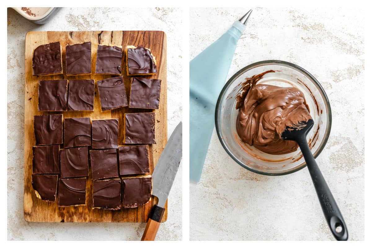 Peanut butter rice krispies cut into squares next to a bowl of melted candy melts. 