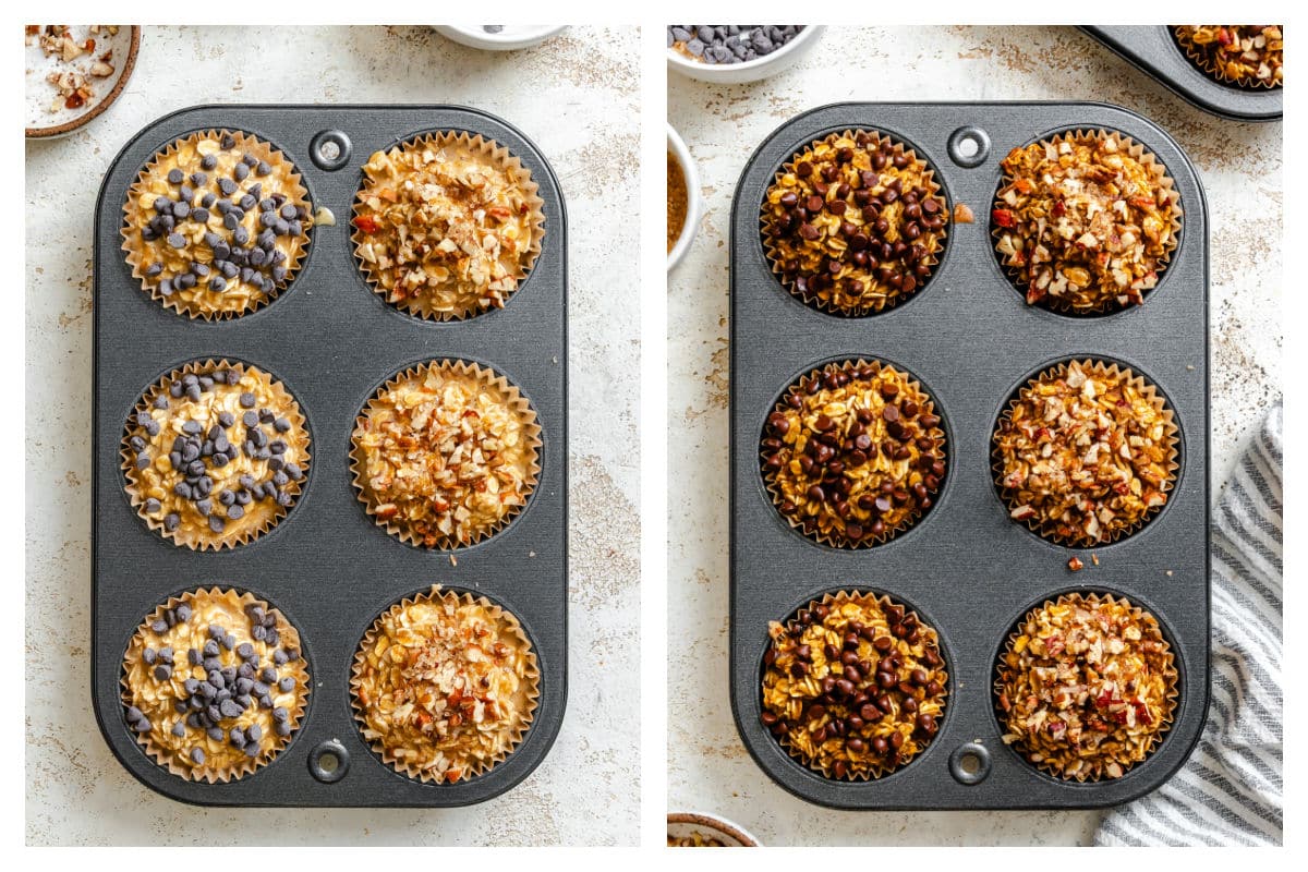 Unbaked and baked pumpkin oatmeal in a muffin tin.