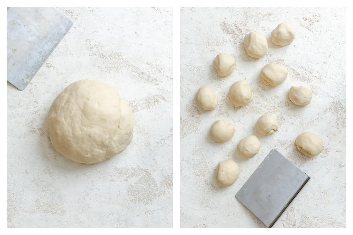Dough on a floured surface next to dough cut into pieces. 