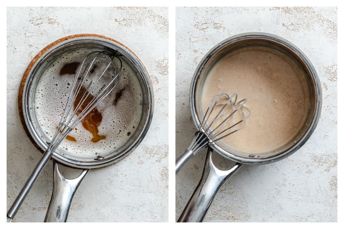Brown butter in a pan next to milk and powdered sugar whisked in.
