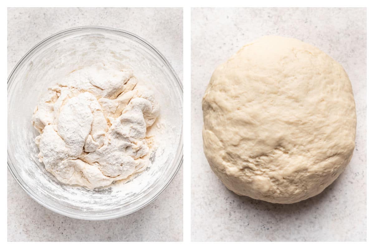 A shaggy dough in a bowl next to the kneaded dough.