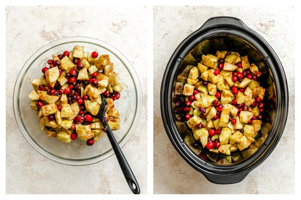 Cranberries apples and spices stirred together in a bowl next to cranberry mixture in a slow cooker.